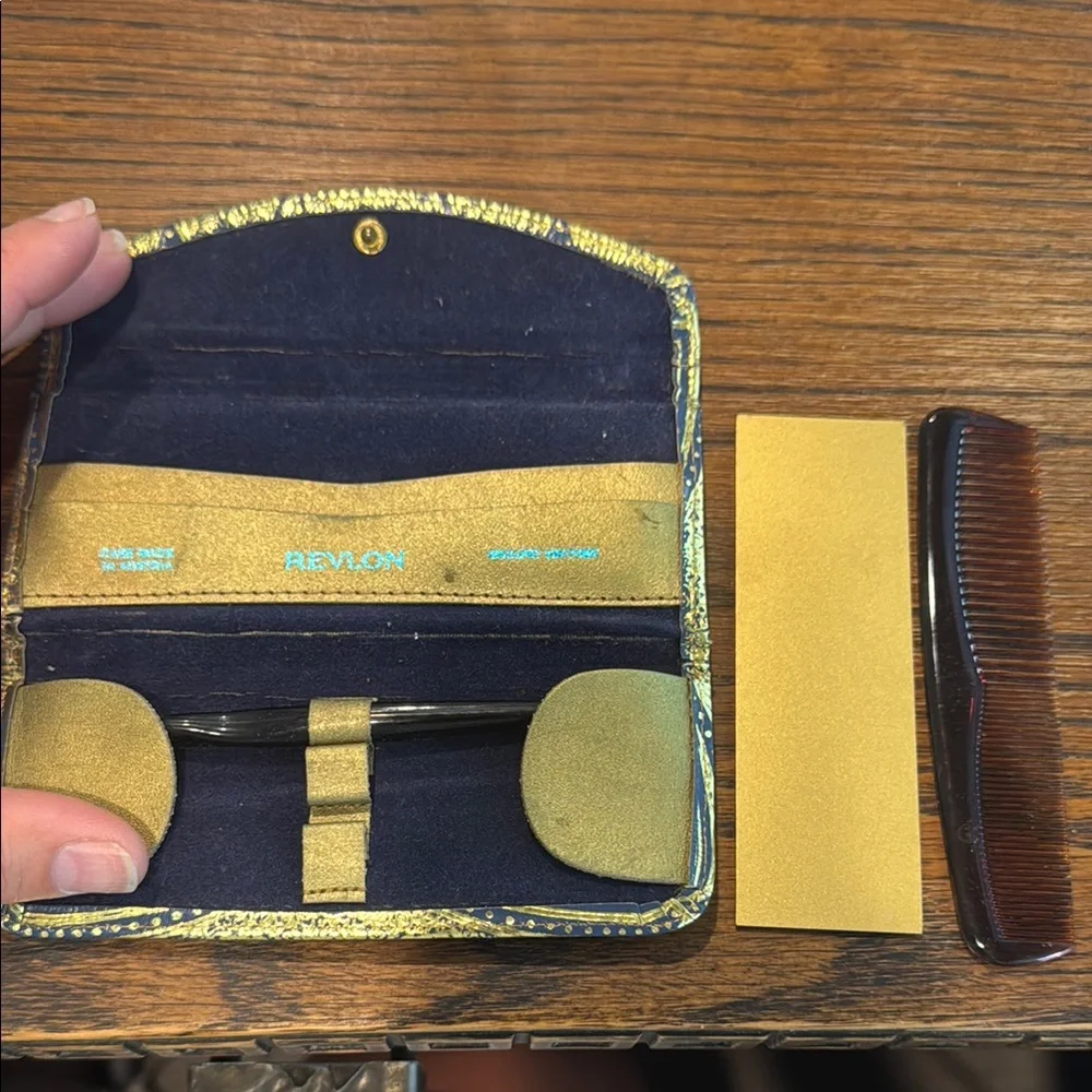 Vintage 1960’s Revlon Gold & Blue Grooming kit. Ground Leather